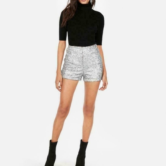 New EXPRESS High Waisted Silver Sequins Mini Short - Picture 7 of 10